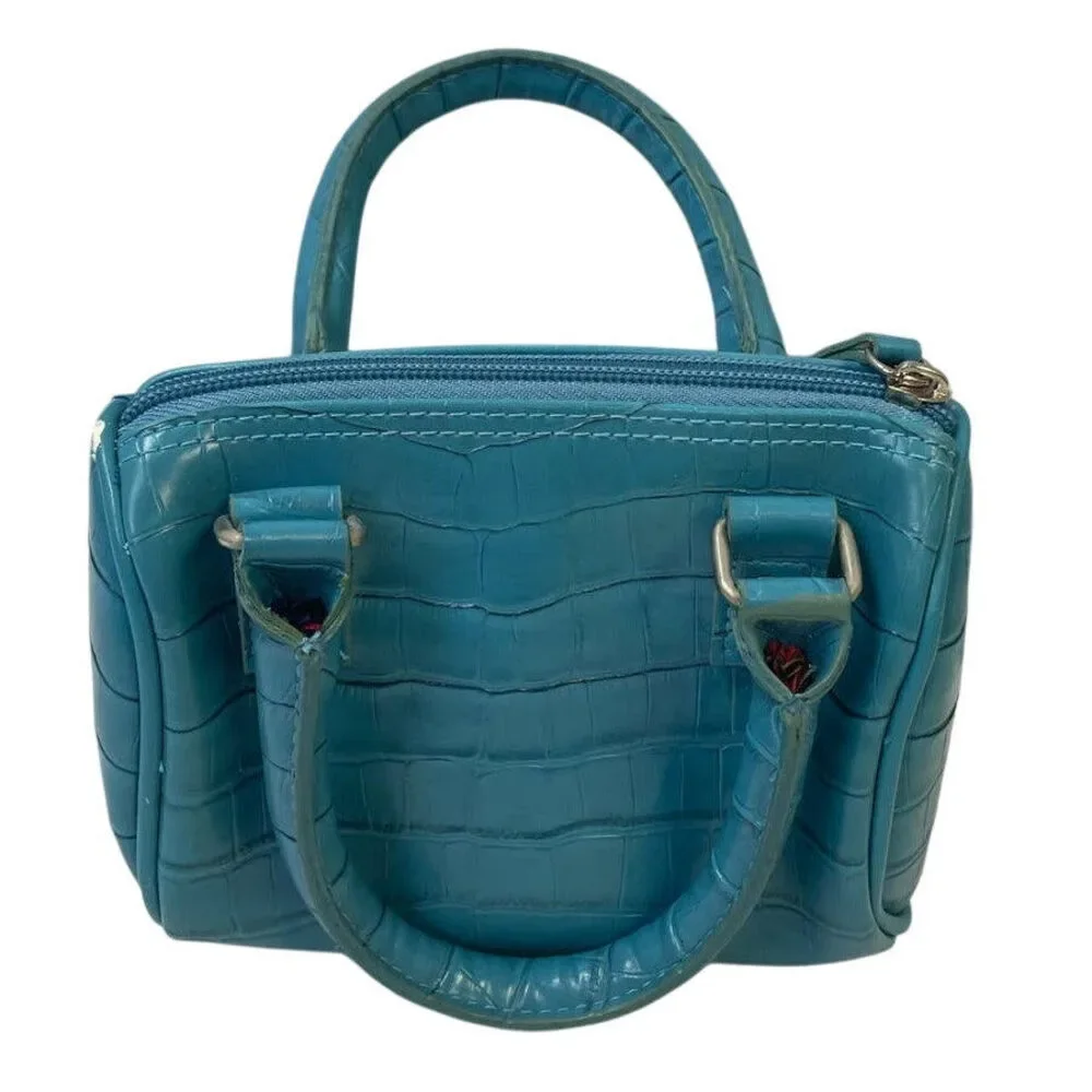 Adorable Little Girls Blue 2 Handle Faux Leather Zipper Close Handbag Purse Bag